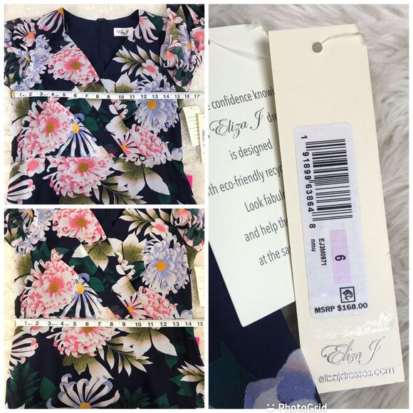 ELIZA‎ J Floral Long Sleeve Maxi Dress Chiffon Faux Wrap Navy Blue Pink Sz 8 New - Picture 10 of 11